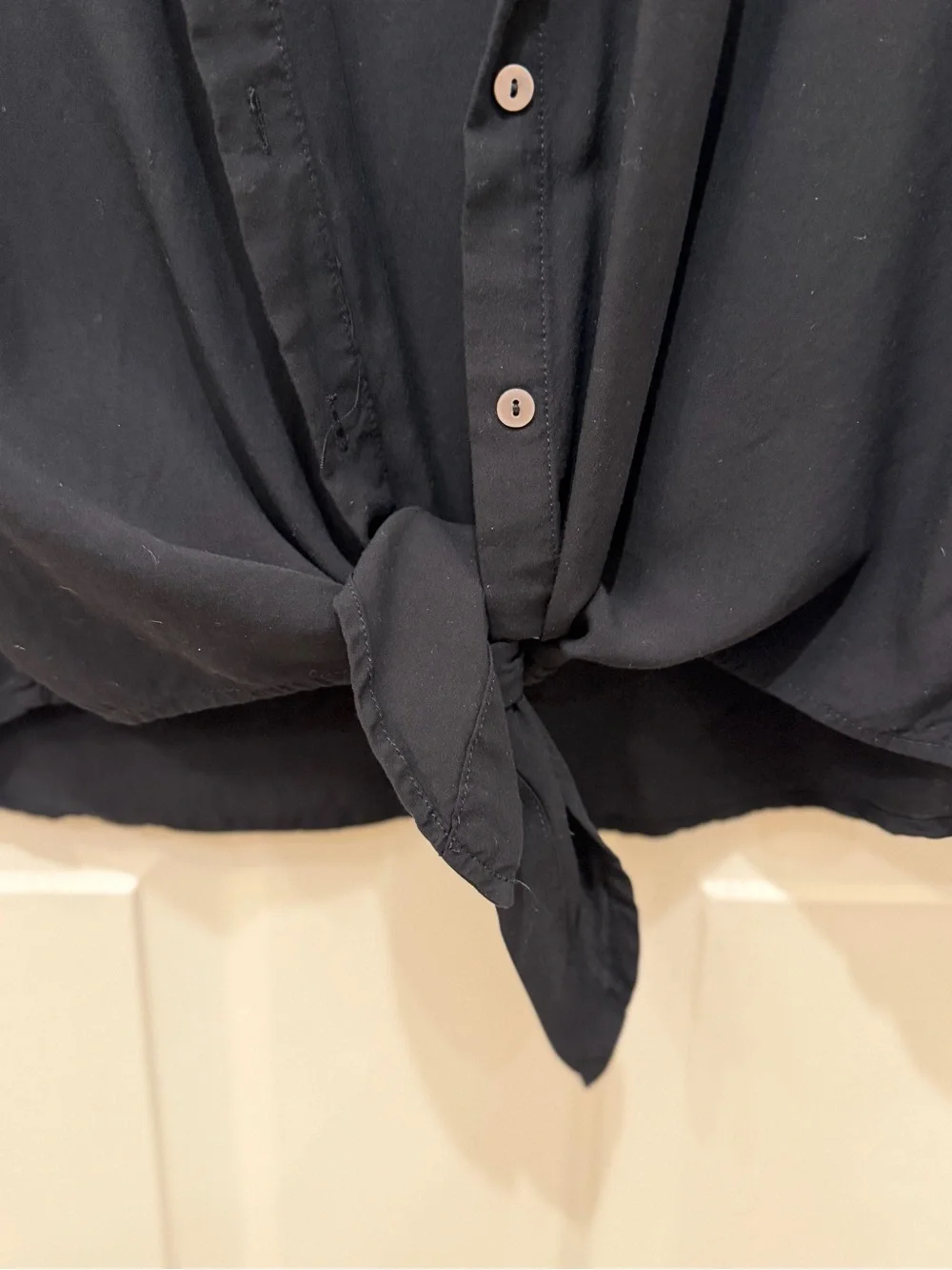 Black Womens Short-Sleeve Button Shirt with Front Tie - Picture 3 of 4